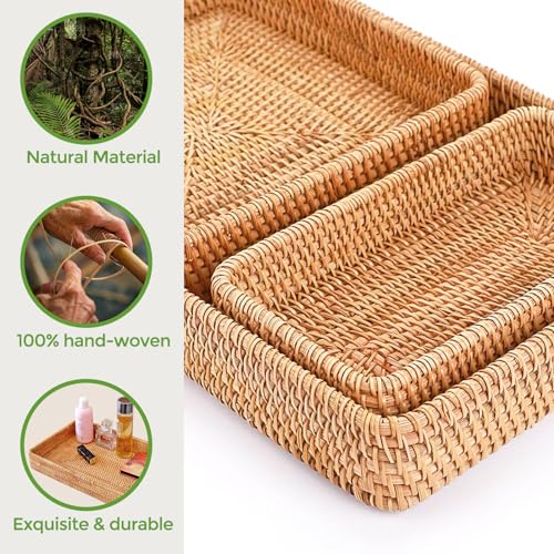 S310 Rattan Serving Tray, Rectangle Basket Set of 3, Wicker Storage and Organizing Baskets, Natural Decorative Woven Tray for Home Decor, Bathroom, Kitchen Counter - Image 4