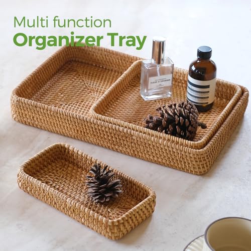 S310 Rattan Serving Tray, Rectangle Basket Set of 3, Wicker Storage and Organizing Baskets, Natural Decorative Woven Tray for Home Decor, Bathroom, Kitchen Counter - Image 2