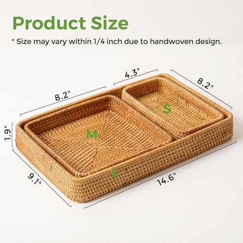 S310 Rattan Serving Tray, Rectangle Basket Set of 3, Wicker Storage and Organizing Baskets, Natural Decorative Woven Tray for Home Decor, Bathroom, Kitchen Counter - Image 5