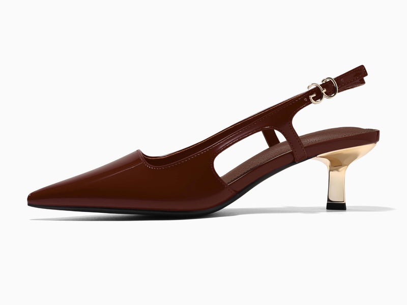 Coutgo Womens Low Kitten Heels Slingback Pumps Closed Pointed Toe Buckle Party Work Dress Shoes, Red Brown, Size 7.5 - Image 4