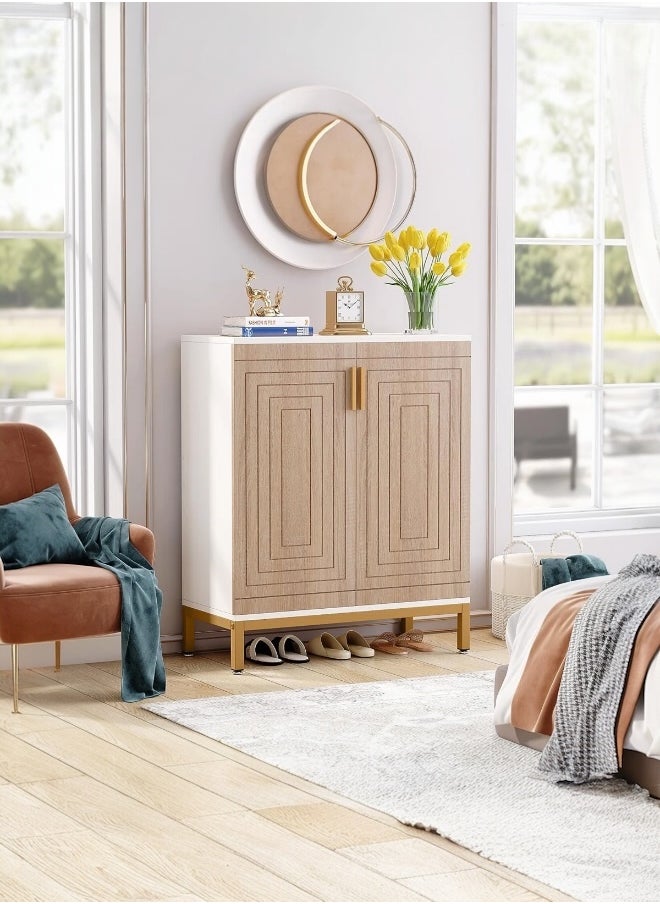 woodx Natural Oak Shoe Cabinet with White Body and Gold Legs  - Image 1