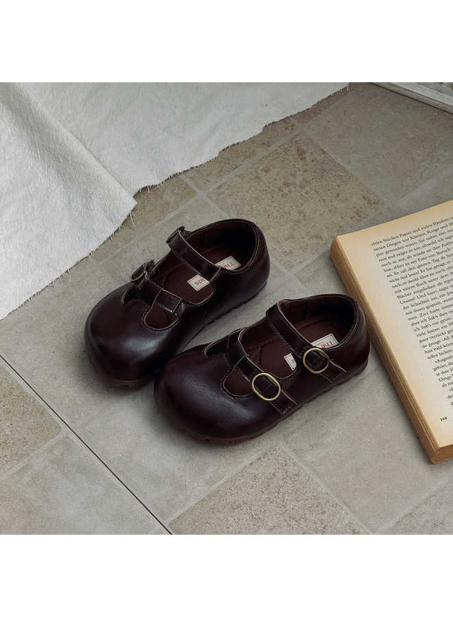 Xshx Retro Mary Jane Wide Show Toe Princess Shoes Autumn New Girls Velcro Rubber Sole Mid-century Style Oily Leather