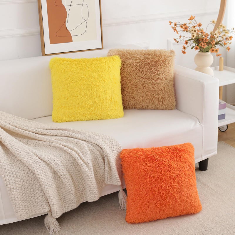 BBiggood Yellow Throw Pillow Covers  Pack of 2 Luxury Soft Faux Fur Pillow Covers Home Decor  Solid Furry Plush Pillow Cover Set for Couch Sofa Living Room Bed  Only Covers 20"" x 20"" - Image 2