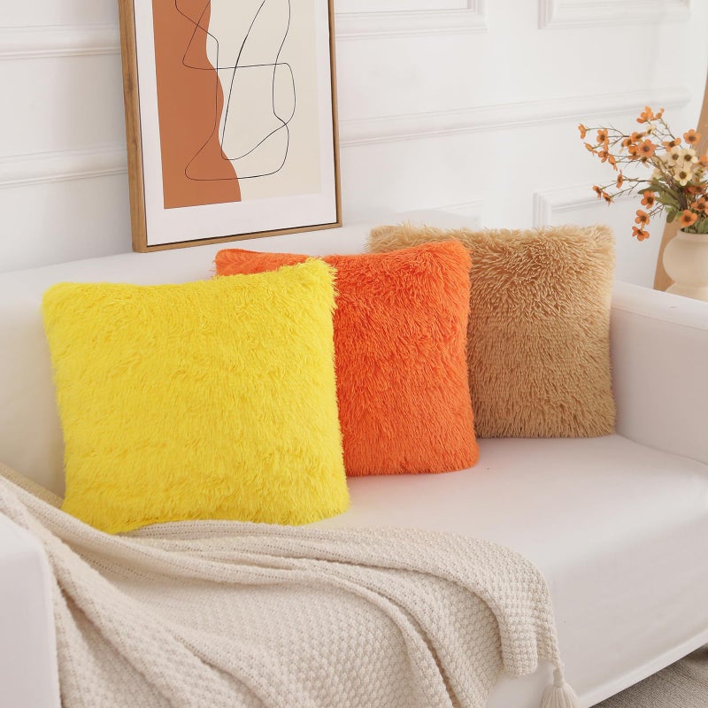 BBiggood Yellow Throw Pillow Covers  Pack of 2 Luxury Soft Faux Fur Pillow Covers Home Decor  Solid Furry Plush Pillow Cover Set for Couch Sofa Living Room Bed  Only Covers 20"" x 20"" - Image 3