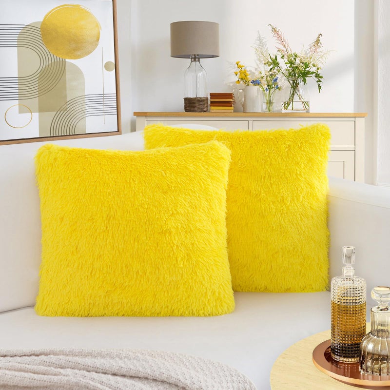 BBiggood Yellow Throw Pillow Covers  Pack of 2 Luxury Soft Faux Fur Pillow Covers Home Decor  Solid Furry Plush Pillow Cover Set for Couch Sofa Living Room Bed  Only Covers 20"" x 20"" - Image 1