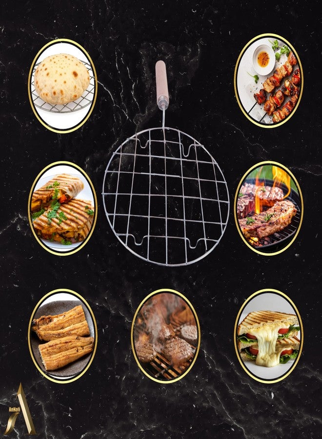 AnNafi® Multi-Purpose Round Roti Jali Papad Grill Chapati Jari Griller Pan| Big Roasting Net, Stainless Steel Multifunctional Wire Steaming Cooling & Baking Barbecue Rack Roaster with Wooden Handle - Image 5