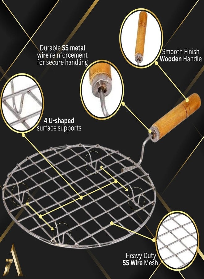 AnNafi® Multi-Purpose Round Roti Jali Papad Grill Chapati Jari Griller Pan| Big Roasting Net, Stainless Steel Multifunctional Wire Steaming Cooling & Baking Barbecue Rack Roaster with Wooden Handle - Image 3