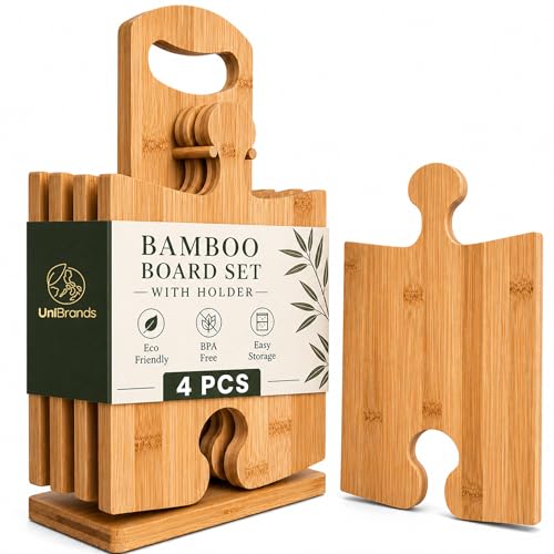 UniBrands 4pcs Bamboo Cutting Board Set with Stand | Natural Eco-Friendly Cutting Boards for Kitchen, Charcuterie Boards, Wooden Chopping Boards, Serving Tray, Wood Cutting Boards | Cocina - Image 1