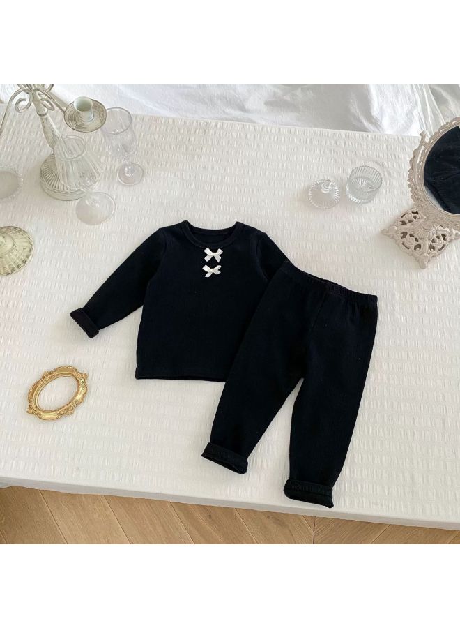 Sweet Baby Home Clothes Suit Autumn And Winter Bow Foreign-style Doll Shirt Baby Girl's Autumn Clothes And Pants Two-piece Set