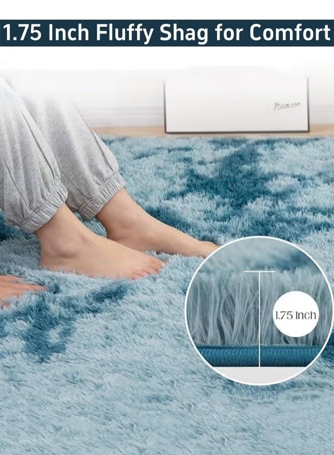 Optico Fluffy Carpet, 3.9 x 5.2ft Large Area Rug Extra Comfy Fluffy Floor Carpet Non-Slip Modern Plush Shaggy Tie Dyed Blue Fuzzy Shag Carpet Fluffy Modern Bedroom Rug for Living Room, Nursery, Playroom, Kids Boys Girls Room - Image 4