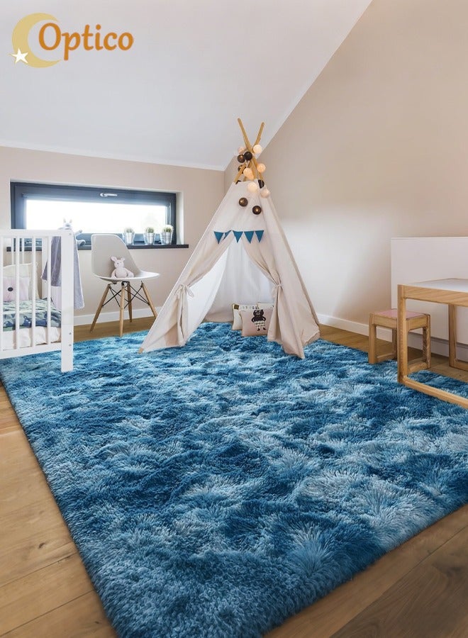 Optico Fluffy Carpet, 3.9 x 5.2ft Large Area Rug Extra Comfy Fluffy Floor Carpet Non-Slip Modern Plush Shaggy Tie Dyed Blue Fuzzy Shag Carpet Fluffy Modern Bedroom Rug for Living Room, Nursery, Playroom, Kids Boys Girls Room - Image 1