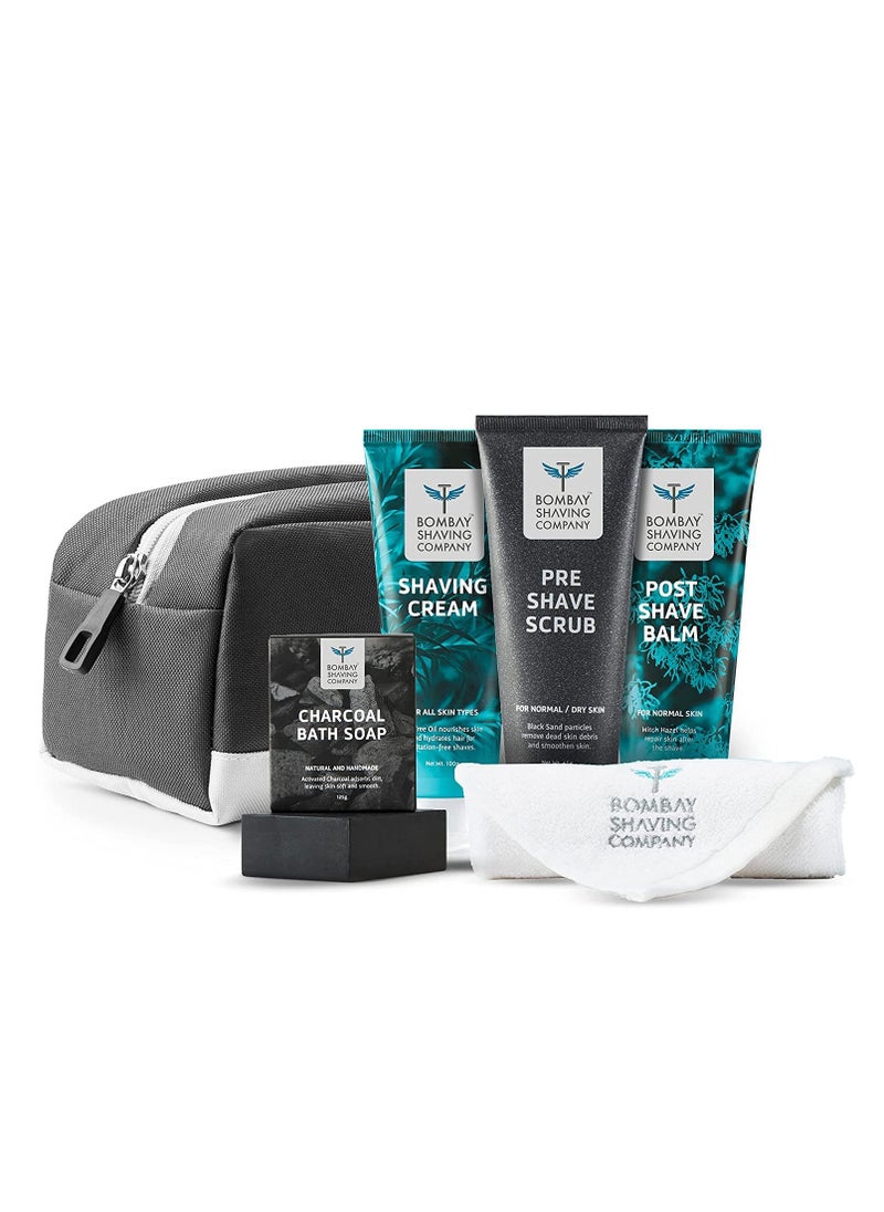 BOMBAY SHAVING COMPANY - Premium Grooming and Shaving Kit Gift Hamper for Men Pre Shave Scrub Shaving Cream Post Shave Balm Charcoal Soap Towel Shaving Kit Bag Gift For Men Husband Boyfriend - Image 1