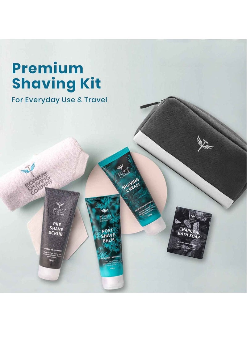 BOMBAY SHAVING COMPANY - Premium Grooming and Shaving Kit Gift Hamper for Men Pre Shave Scrub Shaving Cream Post Shave Balm Charcoal Soap Towel Shaving Kit Bag Gift For Men Husband Boyfriend - Image 1