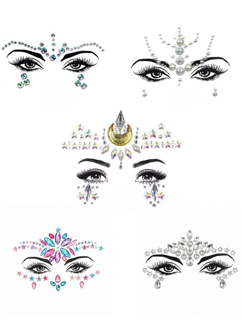 maffick 5 Pack Face Jewels Gems Stickers Set - Celestial, Pearl & Colorful Rhinestone Body Art for Festivals, Parties & Rave Makeup - Image 1