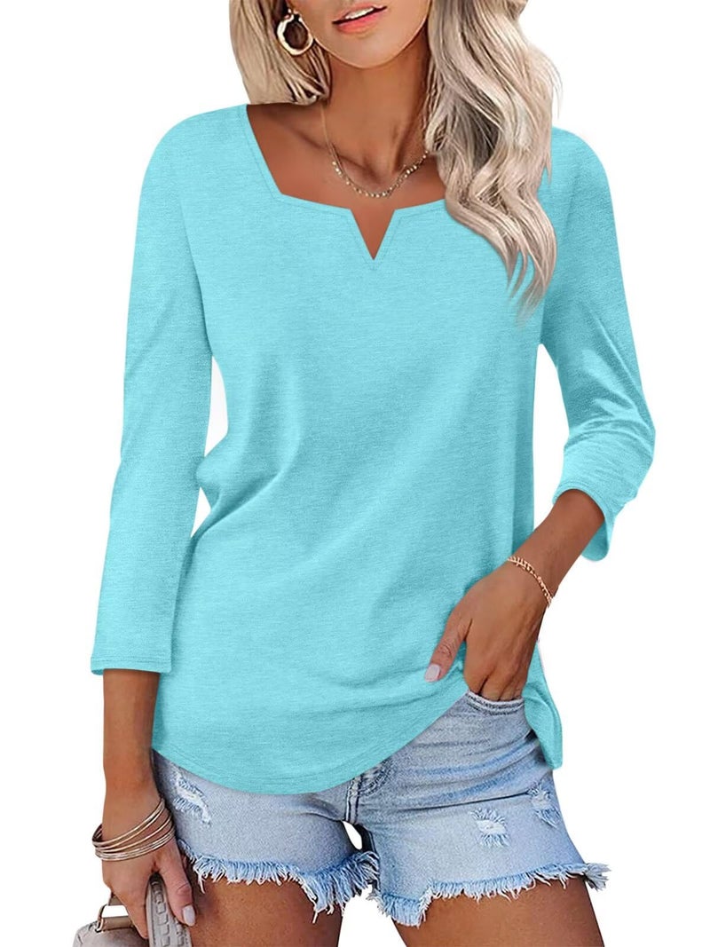 TICTICMISS Women's 3/4 Length Sleeve Tops Square V Notched Neck Shirts Casual Summer Blouses Blue - Image 1