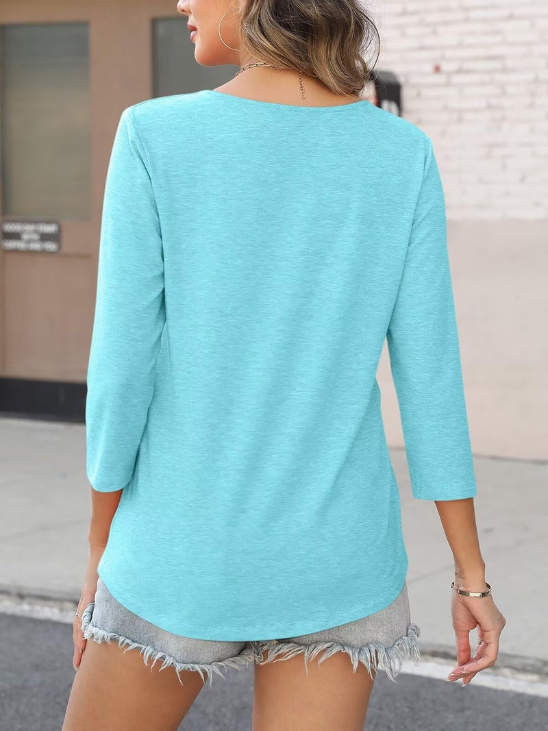 TICTICMISS Women's 3/4 Length Sleeve Tops Square V Notched Neck Shirts Casual Summer Blouses Blue - Image 4