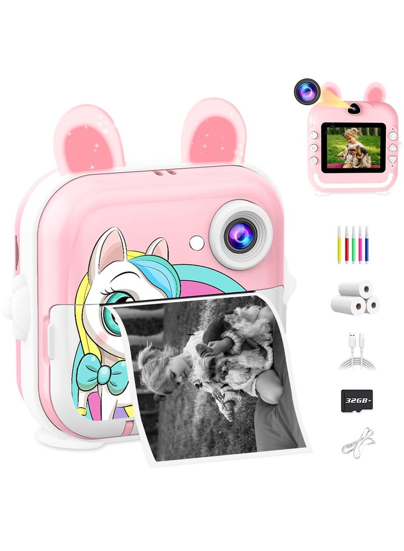 ASIV Children's Instant Camera, 2.4 Inch 1080P HD Digital Camera for Children with Coloured Pencil Printing Paper and 32 GB Card, Christmas Gift for Children from 3-12 Years (Pink) - Image 1