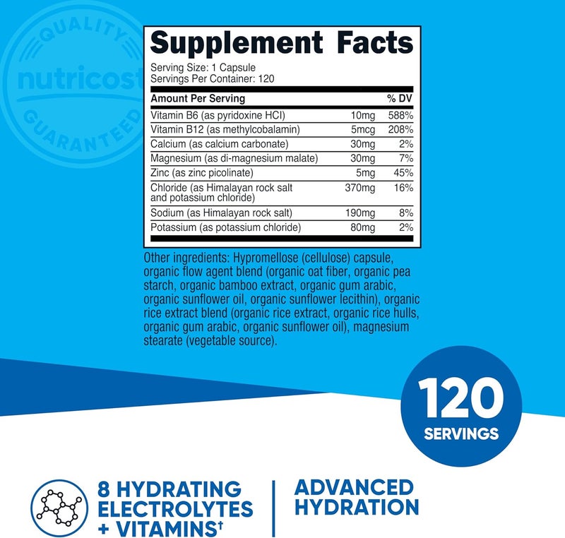 Nutricost Electrolyte Complex Advanced Hydration 120 Capsules  8 Hydrating Electrolytes  Vitamins Gluten Free NonGMO Vegetarian - Image 2