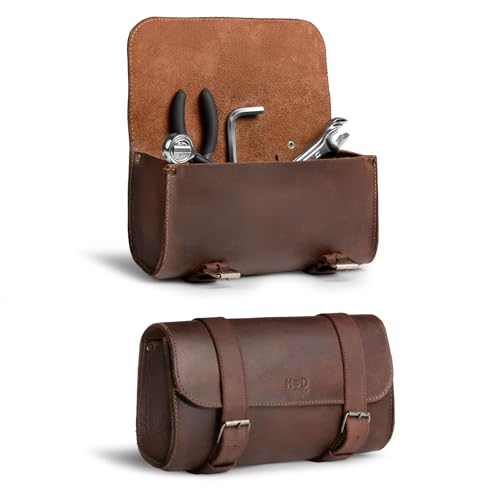 Hide & Drink, Motorcycle Handlebar Bag with 2 Adjustable Straps, Tool Organizer, Motorbike Pouch, Saddle Bag for Bike Commuters, Barrel, Full Grain Leather, Handmade, Bourbon Brown - Image 1