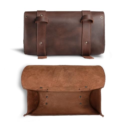 Hide & Drink, Motorcycle Handlebar Bag with 2 Adjustable Straps, Tool Organizer, Motorbike Pouch, Saddle Bag for Bike Commuters, Barrel, Full Grain Leather, Handmade, Bourbon Brown - Image 2