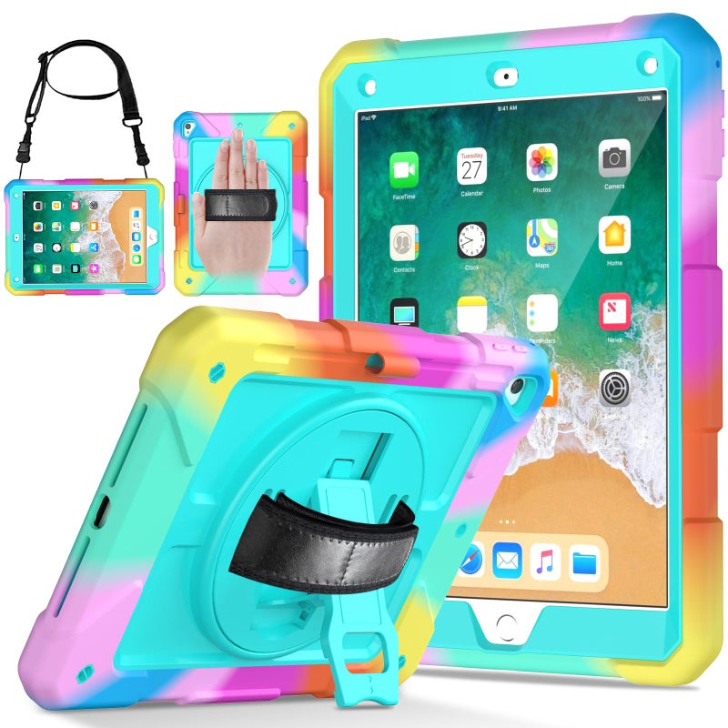 LTROP Protective Cover Case for iPad 6th 5th Generation iPad Air 2 Case iPad 97 Inch Case with Shoulder Strap Pen Holder Swivel Stand Aqua Teal