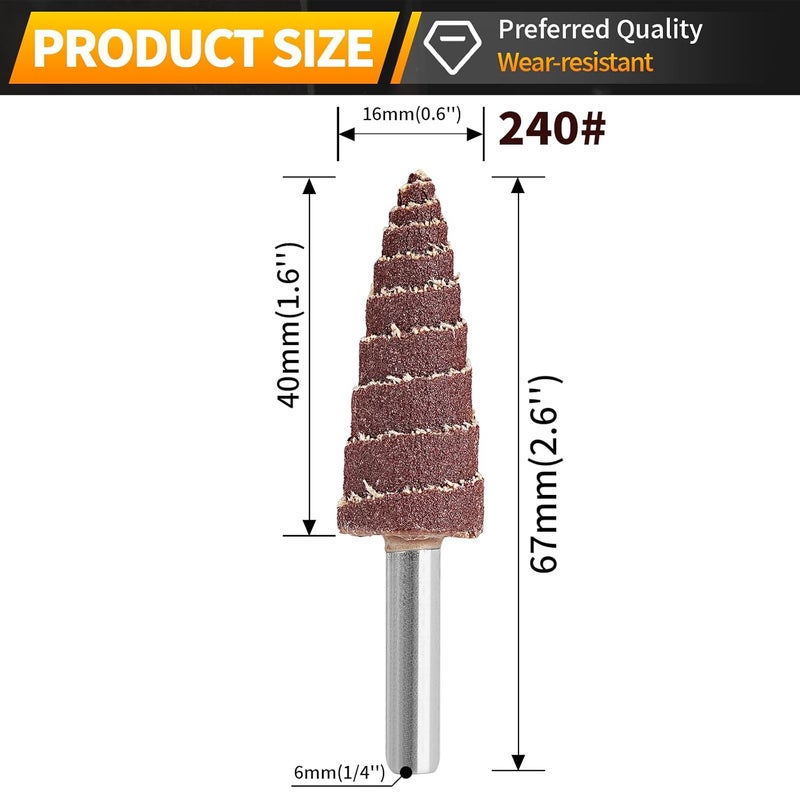 Baisiky 20Pcs 6x16mm Cone Shape Sandpaper Deburring Sanding Polishing Flap Wheel Grinding Head Rotary Tool for Grinding and Polishing 1/4" Shank 240 Grit - Image 2