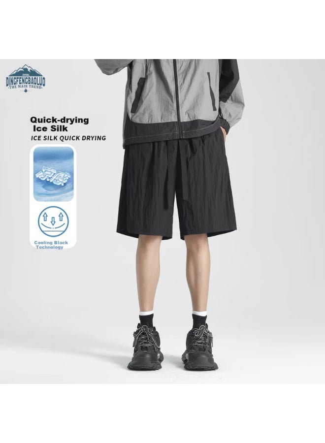 Dingfengbaoluo Men's Ice Silk Quick-drying Loose-fit Casual Shorts For Summer Hz90 Black S - Image 2