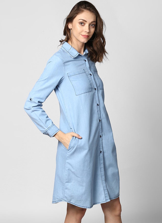 StyleStone Women's Blue Solid Denim Shirt Dress with Long Sleeves - Image 3