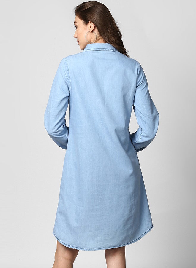 StyleStone Women's Blue Solid Denim Shirt Dress with Long Sleeves - Image 4