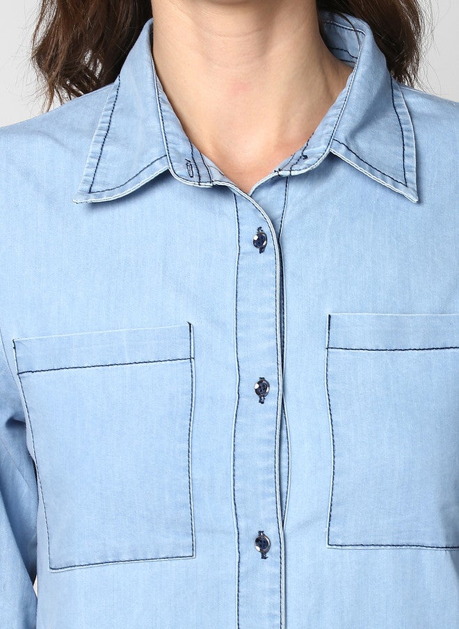 StyleStone Women's Blue Solid Denim Shirt Dress with Long Sleeves - Image 2
