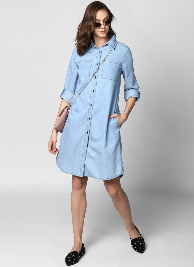 StyleStone Women's Blue Solid Denim Shirt Dress with Long Sleeves - Image 5