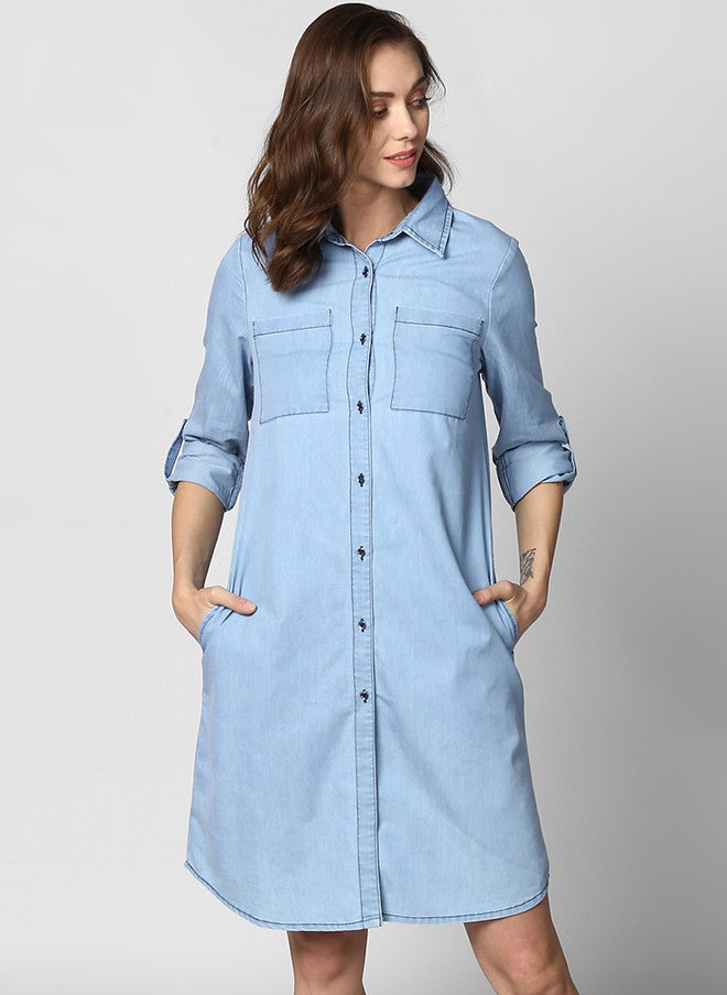 StyleStone Women's Blue Solid Denim Shirt Dress with Long Sleeves - Image 1