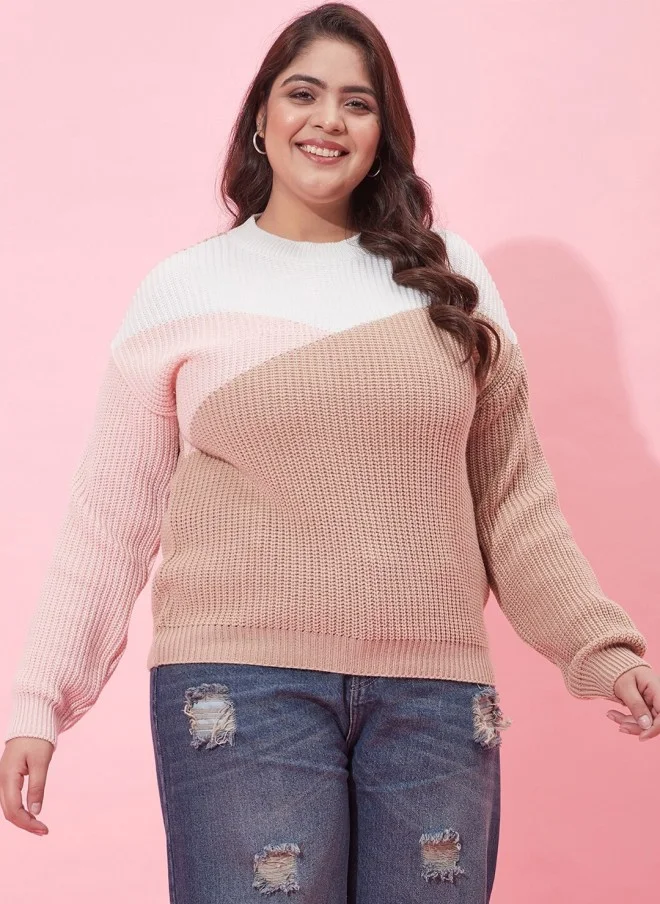 CURVY STREET Colourblocked Acrylic Pullover Sweater for Women