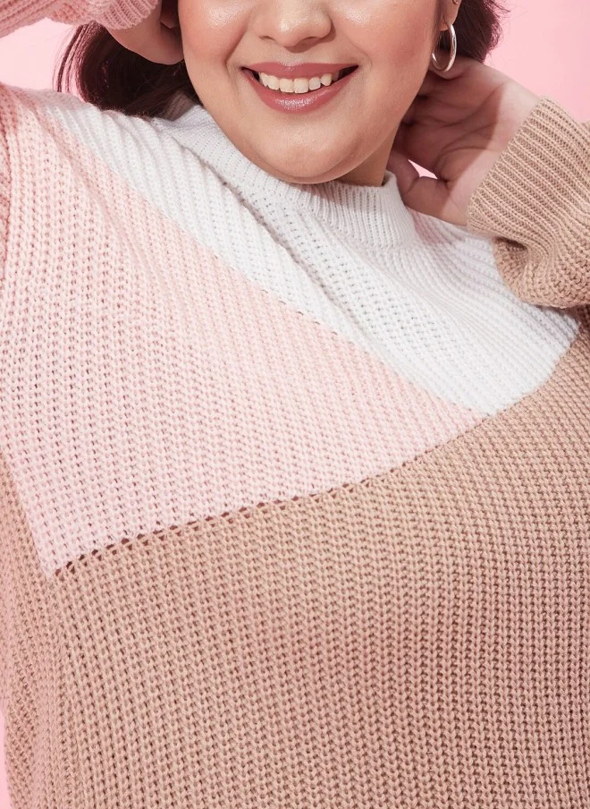 CURVY STREET Colourblocked Acrylic Pullover Sweater for Women