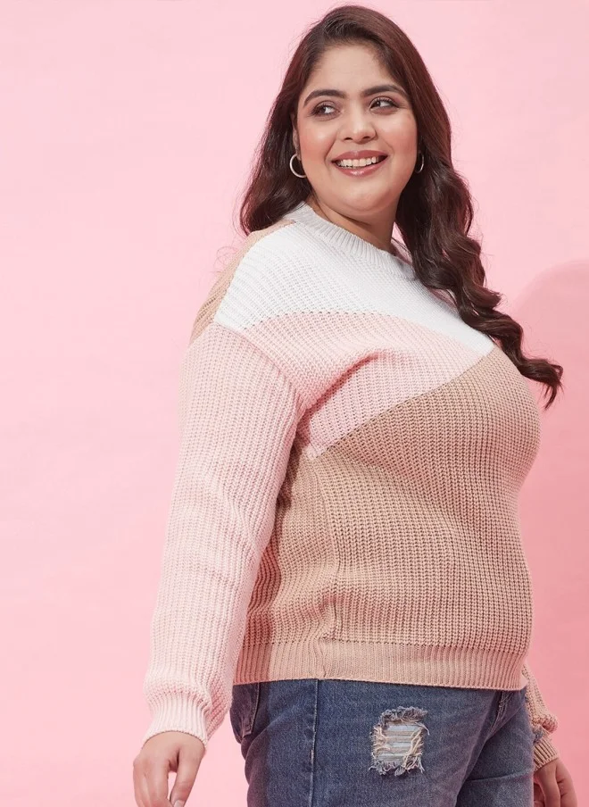 CURVY STREET Colourblocked Acrylic Pullover Sweater for Women