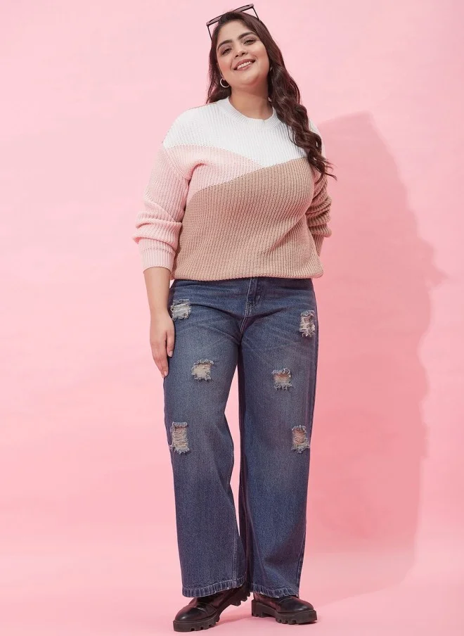CURVY STREET Colourblocked Acrylic Pullover Sweater for Women