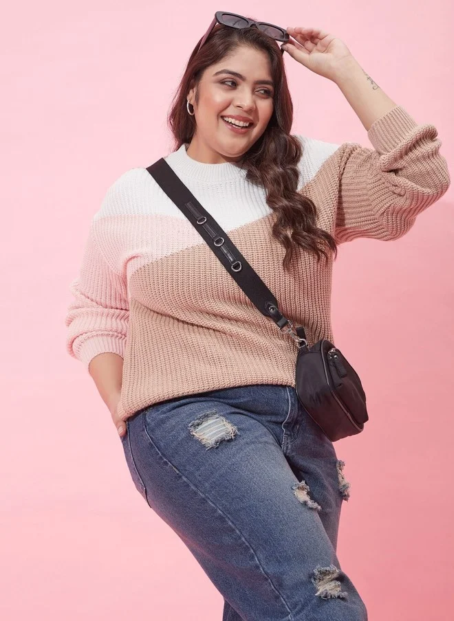 CURVY STREET Colourblocked Acrylic Pullover Sweater for Women