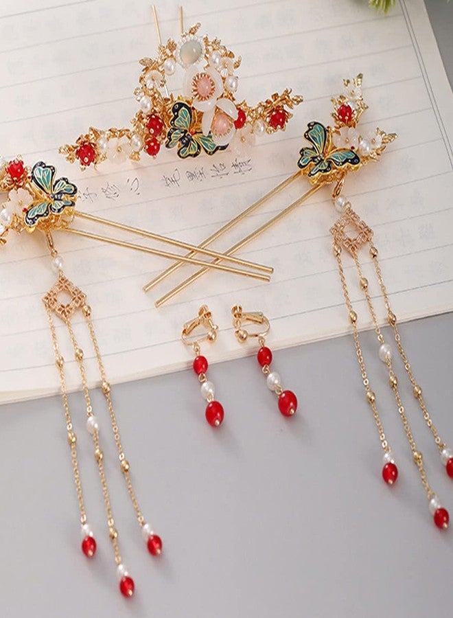 Engjajo Alloy Hair Sticks Pins Long Tassel Butterfly Flower Hanfu Chinese Hair Comb Set of 1 Earrings Traditional Classical - Image 2
