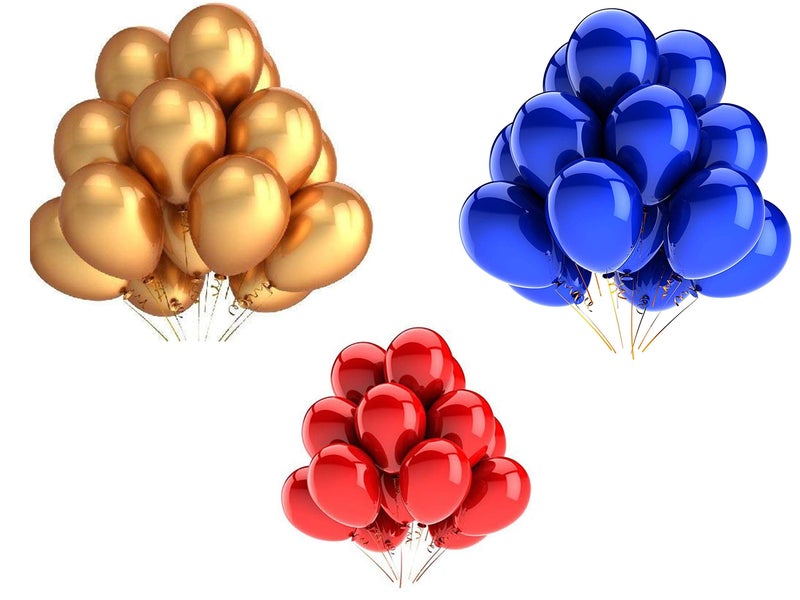 Vail Creations MADE IN INDIA 10inch Metallic Balloons for Birthday Decoration/Anniversary Party Decoration(Gold + Red + Blue,Pack of 100) - Image 1