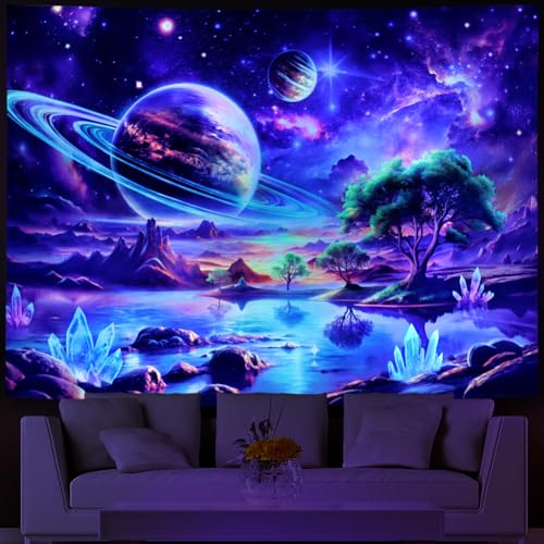 Lahasbja Blacklight Galaxy Space Tapestry UV Reactive Planet Wall Hanging Magical Trees Tapestries Cosmic Mountain Landscape Wall Decor Aesthetic Starry Night Backdrop for Bedroom - Image 1