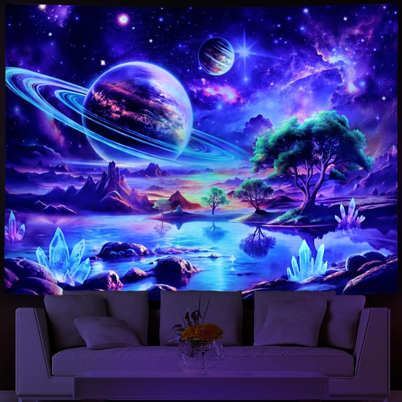 Lahasbja Blacklight Galaxy Space Tapestry UV Reactive Planet Wall Hanging Magical Trees Tapestries Cosmic Mountain Landscape Wall Decor Aesthetic Starry Night Backdrop for Bedroom - Image 2