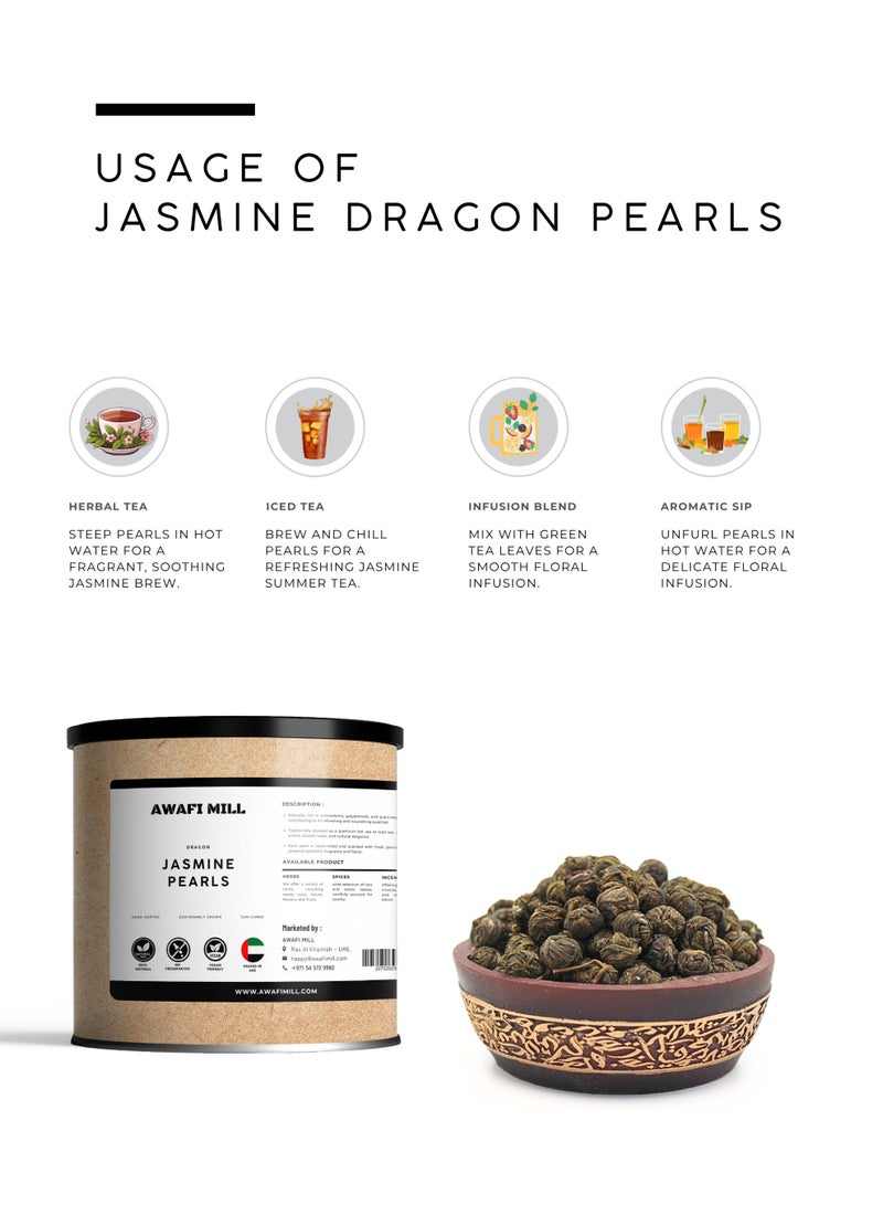 AWAFI MILL Jasmine Dragon Pearl Tea | Hand-Rolled Green Tea Pearls Infused with Jasmine Blossoms | Loose Leaf Premium Tea for Multiple Infusions - 100 g | 3.5 Oz - Image 3