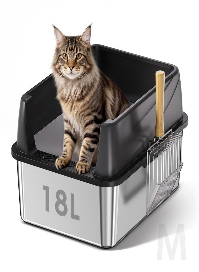Bsemax Stainless Steel Litter Box with Lid: Metal Cat Litter Box for Small Cats with Scoop, High Sided Kitty Litter Pan Tray, 17.4'' x 13.5'' x 8.5'', Non-Stick, Anti-Leakage, Easy Cleaning (Black) - Image 1