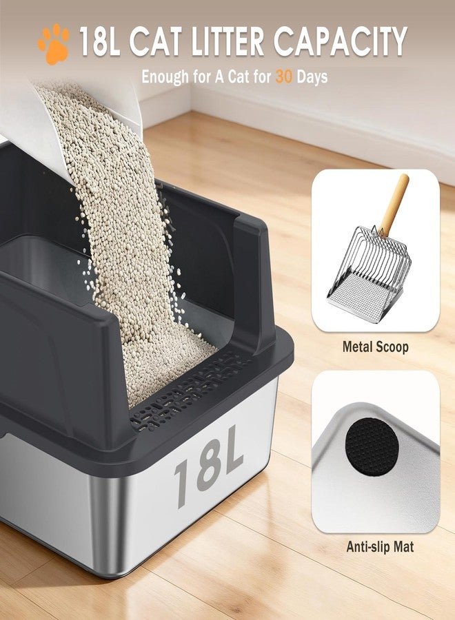 Bsemax Stainless Steel Litter Box with Lid: Metal Cat Litter Box for Small Cats with Scoop, High Sided Kitty Litter Pan Tray, 17.4'' x 13.5'' x 8.5'', Non-Stick, Anti-Leakage, Easy Cleaning (Black) - Image 2