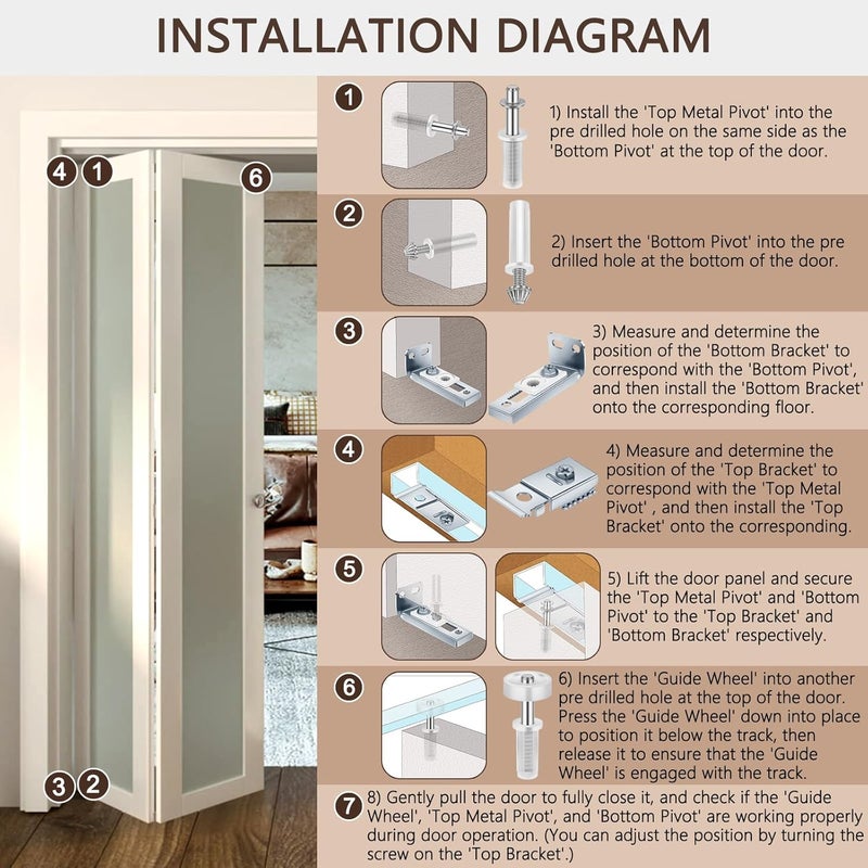 POSTANTIN Bifold Closet Door Hardware Kit with Top/Bottom Bracket, Guide Wheel & Pivot Folding Door Hardware Replacement, Bifold Door for 7/8" to 1" Bifold Door Track(2 Pack) - Image 4
