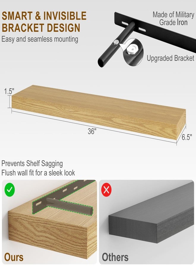 Fun Memories Bathroom Floating Shelves for Wall, 36Inch Floating Shelves Set of 2, Hanging Shelf with Invisible Brackets, Wood Shelves for Living Room, Bedroom, Kitchen, Oak - Image 3