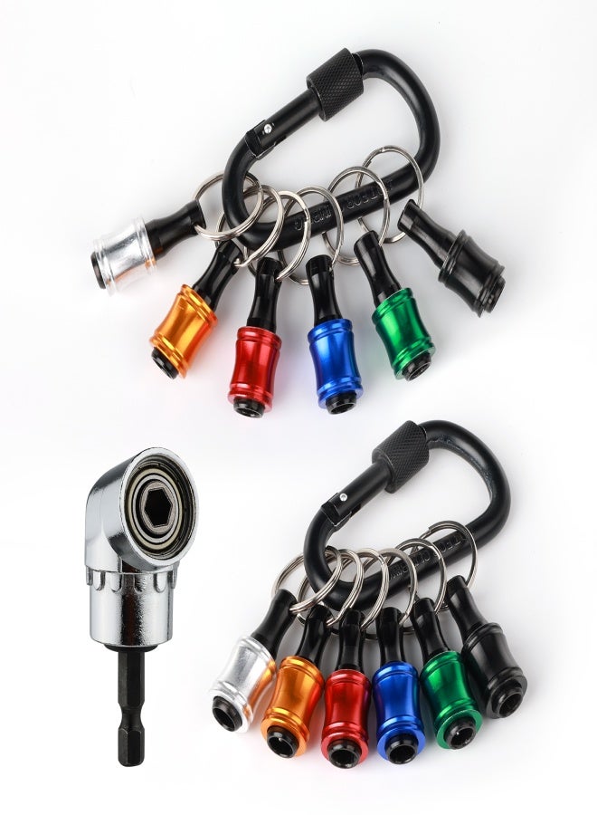 Katerk 1/4inch Hex Shank Aluminum Alloy Screwdriver Bits Holder Extension Bar Drill Screw Adapter Change Keychain Portable（2 set 6PC color with black carabiner）, Includes 105° Right Angle Drill - Image 1