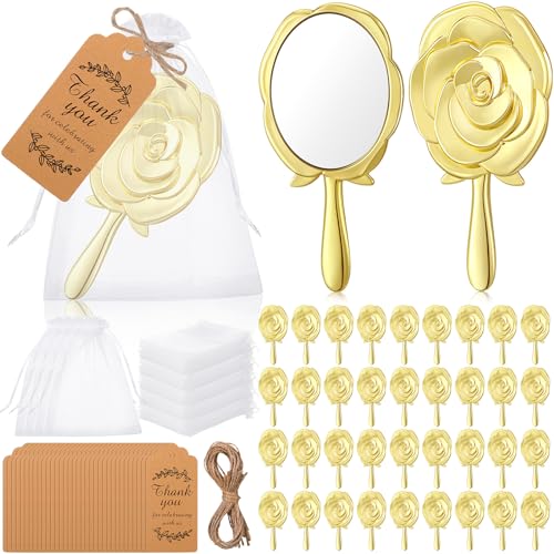 Suzile 36 Set Vintage Handheld Mirror Mini Rose Compact Mirror Quinceanera Party Favors Gift for Guests Princess Party Supplies with Thank You Tags for Wedding Bachelorette Souvenir Gift(Gold) - Image 1