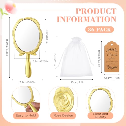 Suzile 36 Set Vintage Handheld Mirror Mini Rose Compact Mirror Quinceanera Party Favors Gift for Guests Princess Party Supplies with Thank You Tags for Wedding Bachelorette Souvenir Gift(Gold) - Image 3