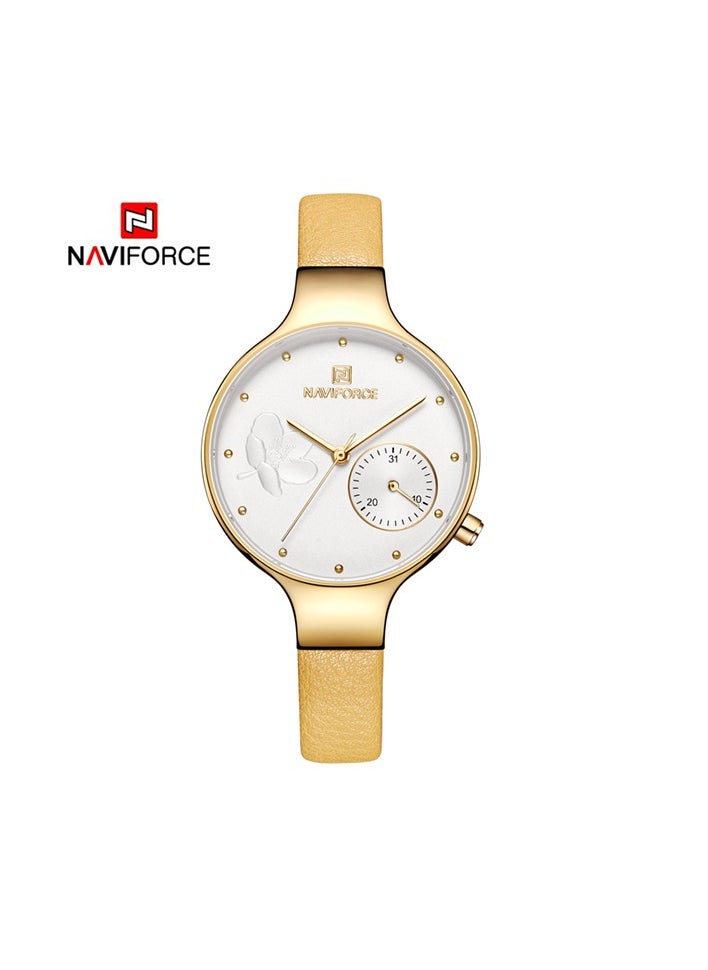 NAVIFORCE Elegant Women's Quartz Watch Stylish Round Dial with Floral Embossed Design Sub-Dial Display Leather Strap Fashionable Timepiece for Everyday Wear and Special Occasions  - Image 1